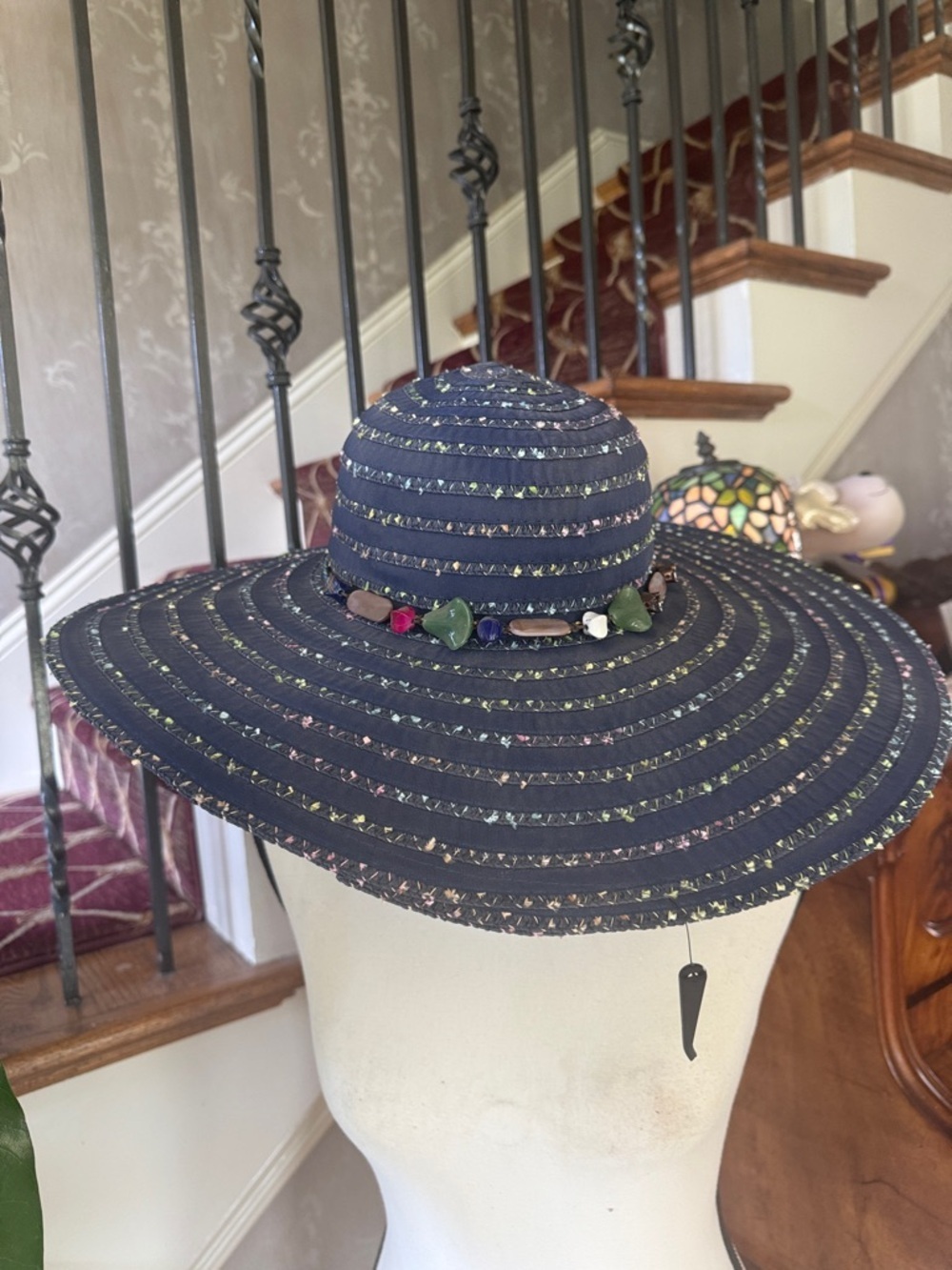 LAKE SHORE DRIVE ladies NWT wide, brim, beaded hat, navy - Picture 9 of 10
